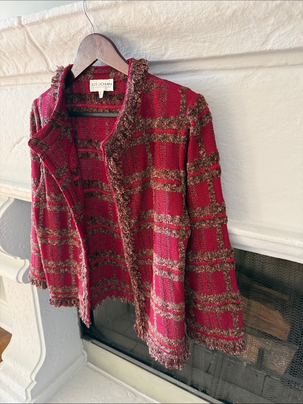 St. John Red & Brown Tweed Fringe-Trim Jacket - Picture 4 of 7